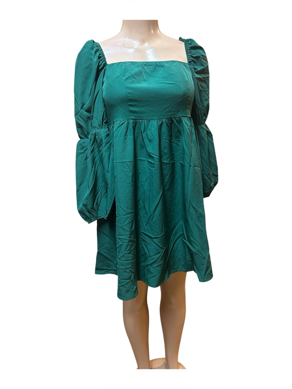 Exlura Square Neck Puff Sleeve Mini Dress in Teal Green